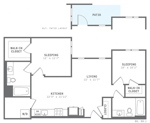 Floor plan for 2 beds, 2 baths, 965 sqft